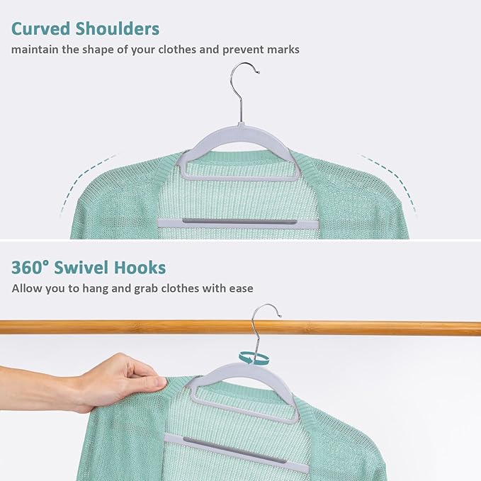 Tonswachic Pack of 50 Coat Hangers, Space-Saving Plastic Clothes Hangers, Non-Slip, 0.2 Inches Slim, 360° Swivel Silver Hook for Shirts, Pants & Wet/Dry Garments, Light and Dark Gray