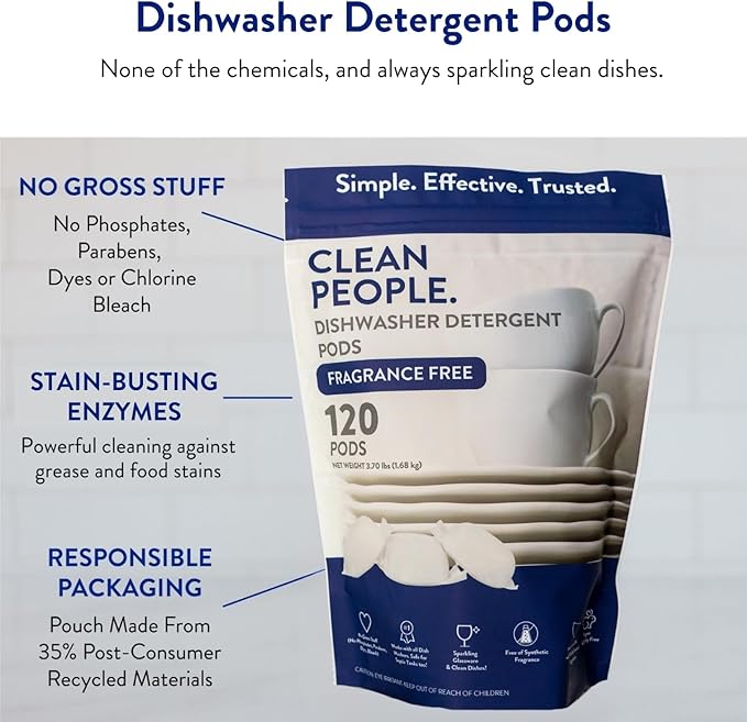 Clean People Dishwasher Pods - Cuts Grease & Rinses Sparkling Clean - Residue-Free - Phosphate Free Dishwashing Pods - Fragrance Free, 120 Pack