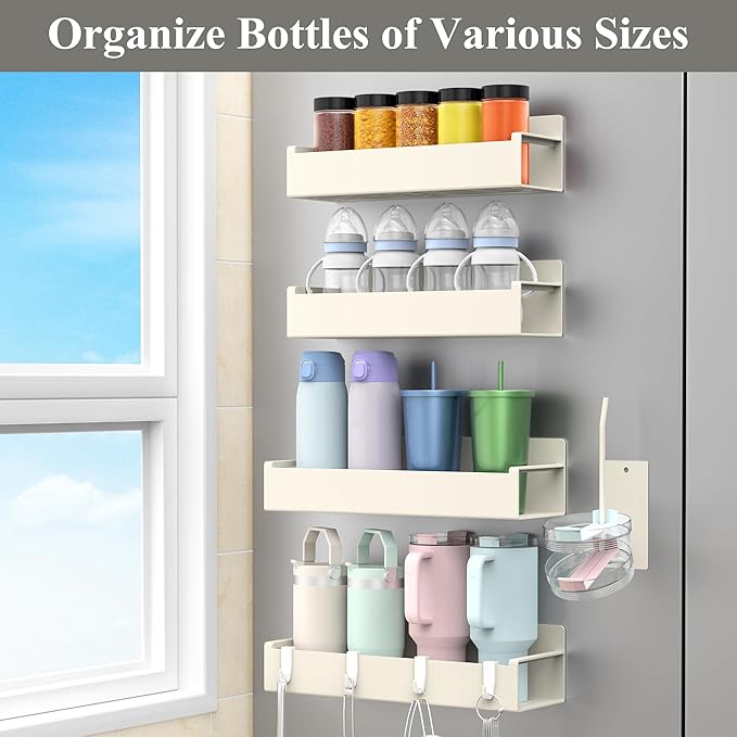 Magnetic Water Bottle Holder for Refrigerator, Cup Holder Organizer for Stanley and Tumbler for Kitchen, 4 Pack, Cream White