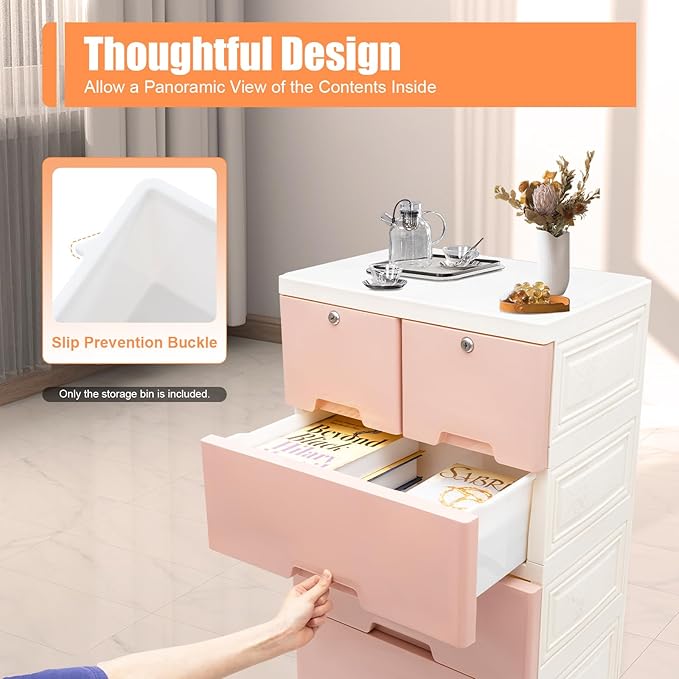 6 Drawer Storage Drawer,Closet Drawers Dresser Organizer, Dresser Plastic Storage Cabinet with 4 Wheels Pink Dressers for Bedroom