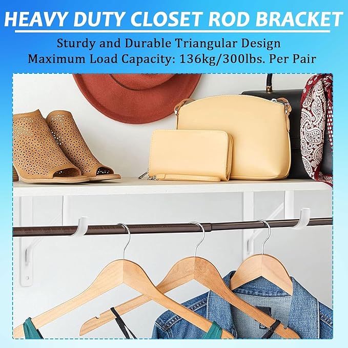 4 Pack Heavy Duty Closet Shelf Rod Brackets 11x11 Inch, 300lbs Wall Mount Closet Shelves Bracket with Rod Shelving Support, Closet Pole Support Bracket with Fixed Hardware, White
