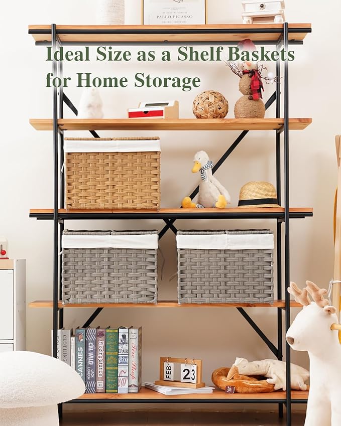 Storage Basket with Lid Woven Wicker Baskets with 2 Separate Lid, 9.2 Gallon (35 L) Wicker Storage Bins with Handles, Foldable and 2 Removable Liner Bags for Bedroom, Laundry Room Gray