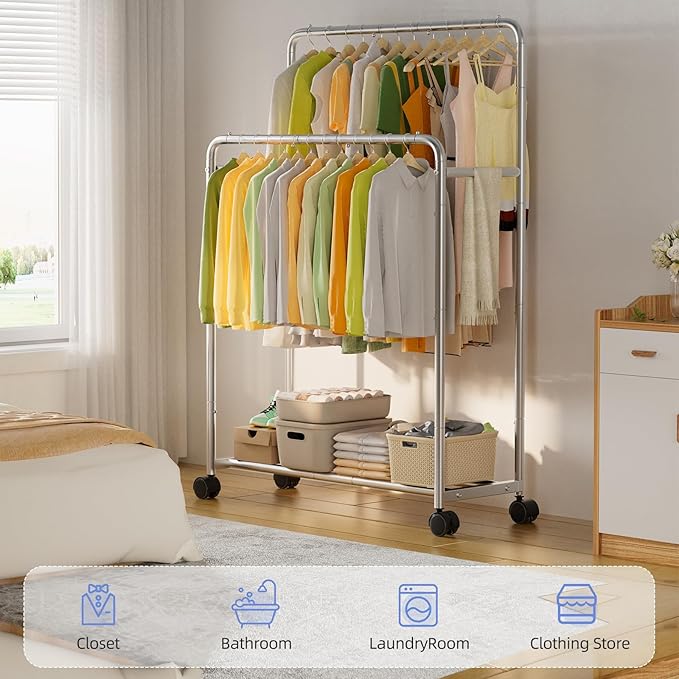 Simple Trending Clothing Clothes Rack Double Rods with Wheels, Rolling Metal Garment Rack for Hanging, Silver