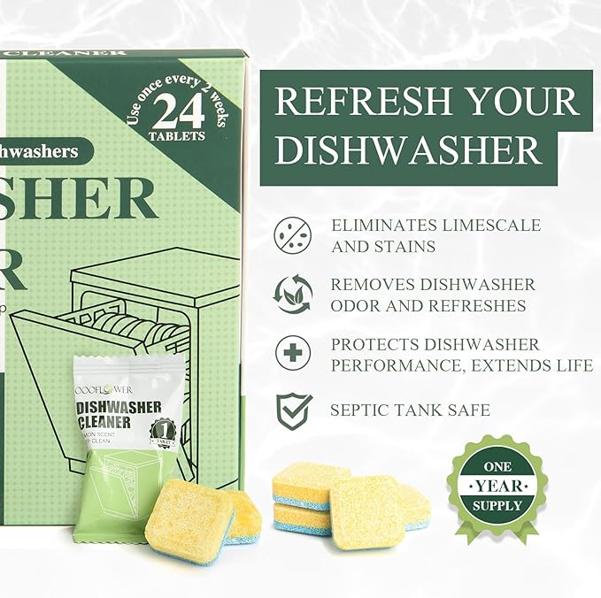 24PCS Dishwasher Cleaner and Deodorizer Tablets with Digital Meat Thermometer, Deep Cleaning Formula Tablets for Removing Limescale, Odor, Smell, Hard Water Residue(Lemon-Scented)