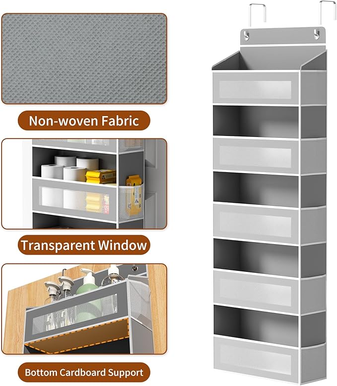Over The Door Organizer, Over the Door Storage with 5 Large 10 Side Pockets, Hanging Door Organizer 44 lb Load Behind Door Storage, Hanging Shelf for Closet Wall Bedroom Bathroom Nursery, 5-Tier Grey