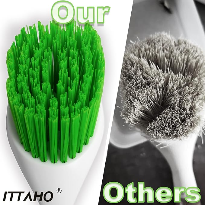 ITTAHO Dish Scrubber Set, Kitchen Brush for Cleaning with Scraper Edge, Green Multi-Purpose Scrub Brush with Handle for Dishes,Sink,Pots,Pans,Shower,Tile,Tubs - 3 Pack