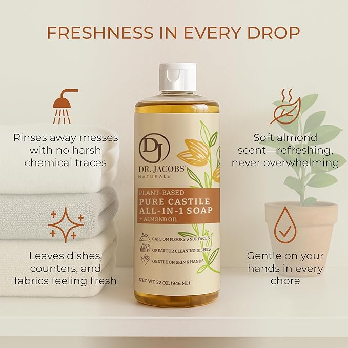 Dr. Jacobs Naturals Almond Castile All-in-One Cleaner and Soap - Plant-Based Formula for House Cleaning Floors and Appliances - Gentle on Skin and the Planet - 32 oz, 2 Pack