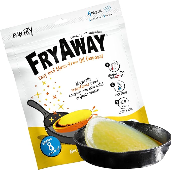 FryAway® Pan Fry Cooking Oil Solidifier Powder, 4 Packets, Solidifies Up to 8 Cups, Plant-Based Grease Solidifier for Easy Fryer Oil Disposal, Kitchen Grease Cleanup, As Seen on Shark Tank, Made in US