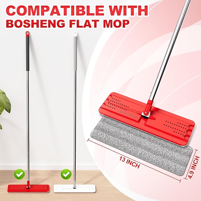 Flat Mop Pads, Reusable Mop Cleaning Refills, Microfiber Pads for BOSHENG Flat Mop or Mop Bucket System, Pack of 4 Washable 13-Inch Mop Heads - Grey