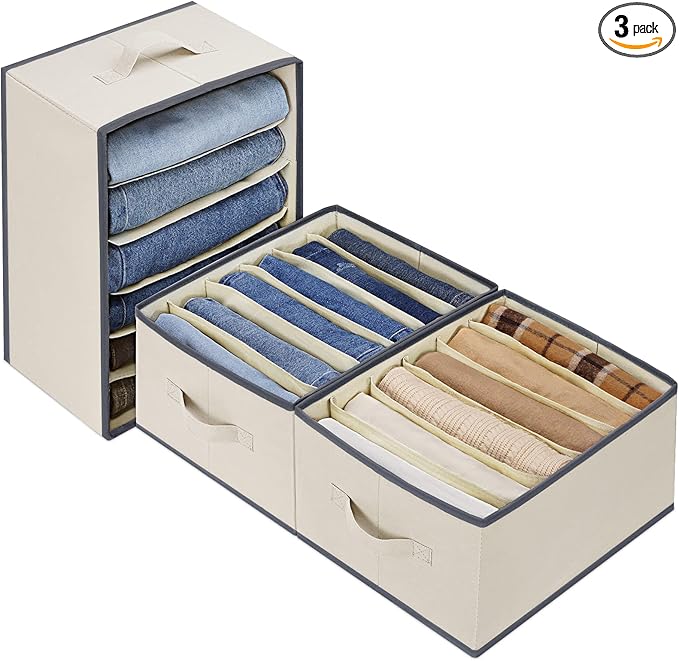 3 Pcs Large Size Wardrobe Clothes Organizers 6 Grids for Pants, Jeans, Sweater, T-shirt, Thin Coat, Dress Stackable Closet Drawer Organizer Storage Bin Container with Sturdy Handles, Beige