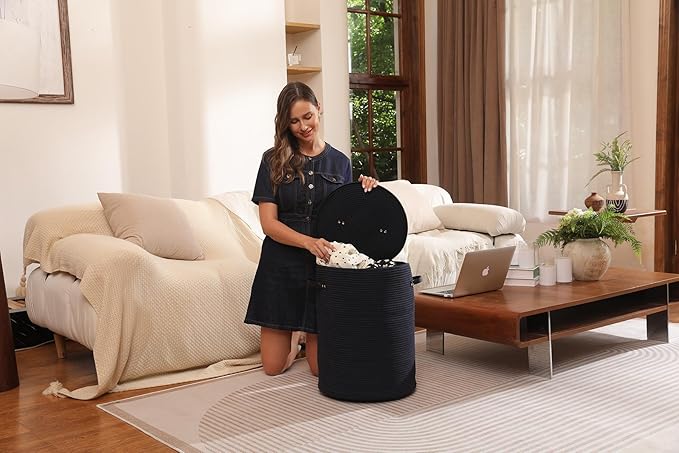 Cottonphant Extra Large Cotton Rope Storage Basket with Lid and Zipper, Versatile Laundry Hamper and Cloth Bin for Clothes, Towels, Blankets, Living Room Organization (All Deep Blue, 16"x20")