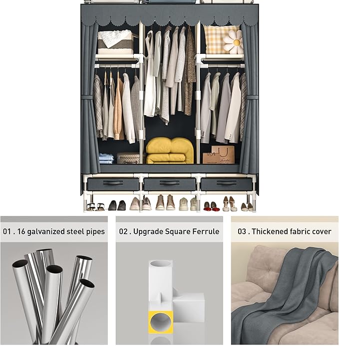 Portable Armoire Wardrobe Closet with 3 Drawers and 3 Hanging Rods,Cloth Closet Wardrobe Cabinet for Hanging Clothes,Grey Cover,for Clothing,Bedding,51 in Width