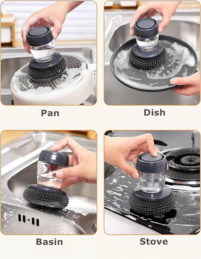 Steel Wool Scrubber with Soap Dispenser for Dish Sink Pan Stove Kitchen, Stainless Dishwashing Scouring Pad, Dispensing Heavy Duty Brush Scourer Cast Iron 2+2