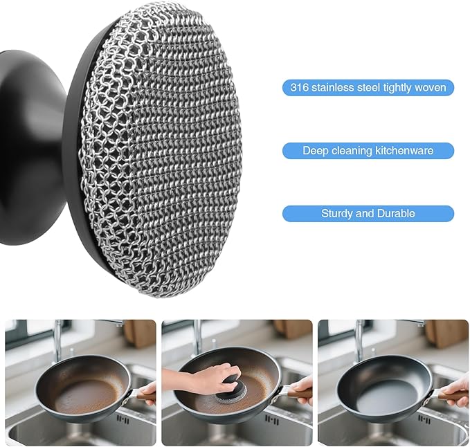2PCS Cast Iron Scrubber Cleaner, Chainmail Scrubber for Cast Iron Pan Skillet, Dish Scouring Pad, 316 Stainless Steel Brush/Scraper for Metal Skillet Scrubbing, Wok, Dutch Oven Cleaning Kit - Thin