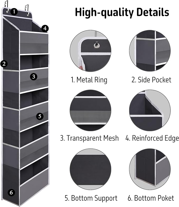 TYMENSH Over Door Organizer with 5 Large Pockets, Heavy Duty Hanging Organizer Storage, Closet Bathroom Nursery Bedroom Dorm, Toys Cosmetics Sundries and Baby Essentials, Gray