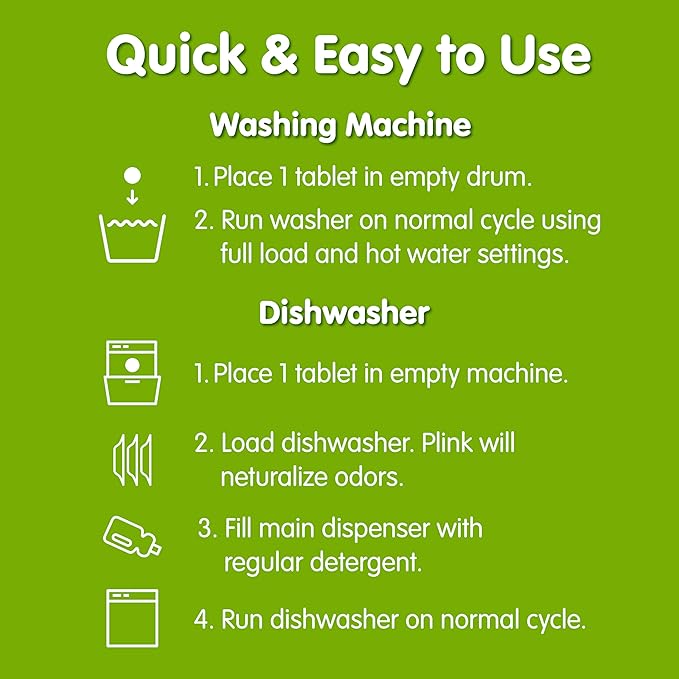 Plink Washing Machine and Dishwasher Cleaner and Freshener, Prevents Residue and Removes Odors in Kitchen and Laundry Room Appliances, Septic-Friendly, Made in the USA, Lemon Scent, 12 Tablets