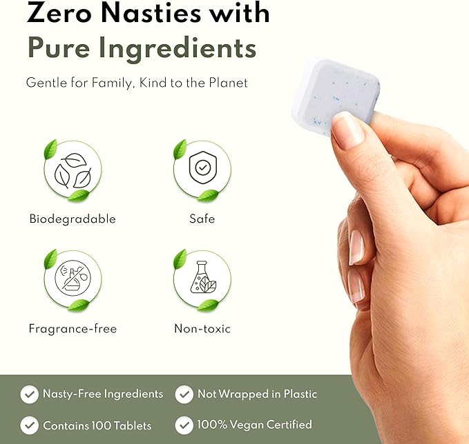 100% Plastic-Free Dishwasher Detergent Tablets, 100 Count, Free & Clear, Eco-Friendly Dishwashing Tablets, Natural, Sustainable