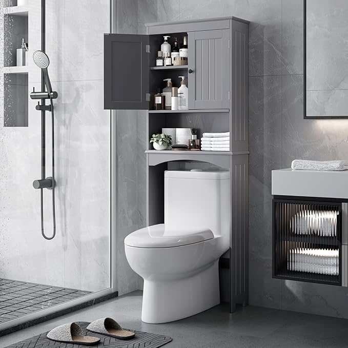 Bealife Over The Toilet Storage Cabinet with Open Shelf, Organizer with Adjustable Shelf and Double Doors,Over The Toilet Storage Shelf Free Standing (Grey)