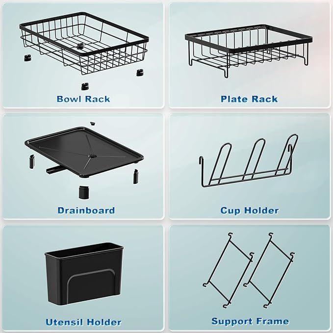 GAOKASE Dish Drying Rack, Stainless Steel-Dish Rack, Dish Racks for Kitchen Counter, Kitchen Dish Drainers with Removable Utensil Holder,New Drain Outlet,Plate Rack and Drainboard (Black 3)