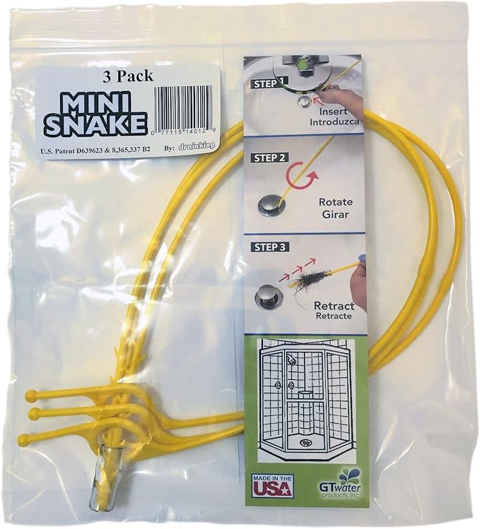 Drain King DKMS 3-Pack Mini Snake Bath Sink & Shower Hair Clog Remover