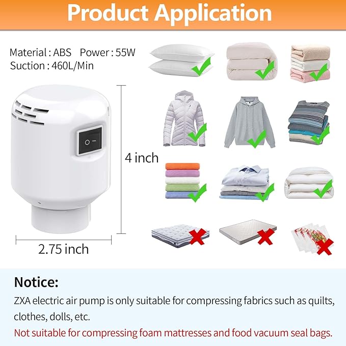 Electric Pump for Vacuum Storage Bags, 55W 5000PA Portable Travel Vacuum Pump for Various Vacuum Seal Bags, Space Saver Vacuum Storage Bag Pump for Compression Clothing, Blanket, Luggage, White