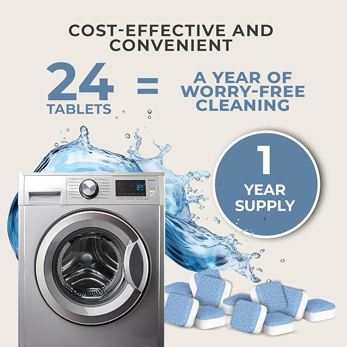 Washing Machine Cleaner Tablets – Deep Clean Washer Descale, Laundry Tub Cleaning Solution, Smell Fresh, Eliminates Buildup & Dirt, For Front & Top Load Washers, Easy-to-Use Tablets, 24 Pack