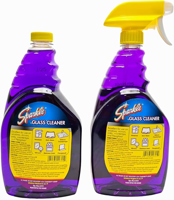 Sparkle Glass Cleaner 1 Spray Bottle 33.8 And 1 Refill 33.8, Ammonia-Free Original Formula Heavy Duty Glass Cleaner, Leaves No Streaks (67.6 Fl Oz,Pack of 6)