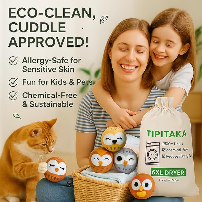 Laundry Felt Wool Dryer Balls – 6 XL Pack, Replaces Dryer Sheets, Eco-Friendly, Natural Fabric Softener, Reusable & Chemical-Free, Reduces Drying Time, 1000+ Loads, Made in Nepal