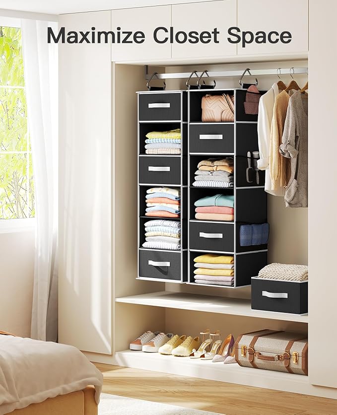 Pipishell Hanging Closet Organizer 6-Shelf, Hanging Shelves for Closet with 3 Removable Drawers & Side Pockets for Bedroom, Garment Rack and Wardrobe Organization, 12' x 12' x 43.3', Black