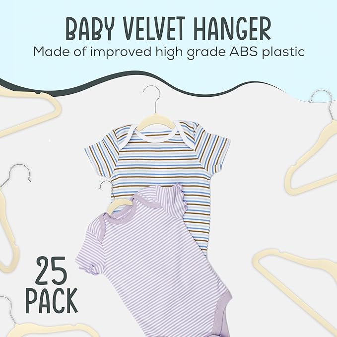 TechZoo 25 Premium Baby Velvet Hangers - 11.8 Inches Non-Slip & Ultra-Slim Baby Hangers for Space-Saving & Children Clothes - 360 Swivel Hook, Strong & Durable Infant & Toddler Clothes Hanger - Beige