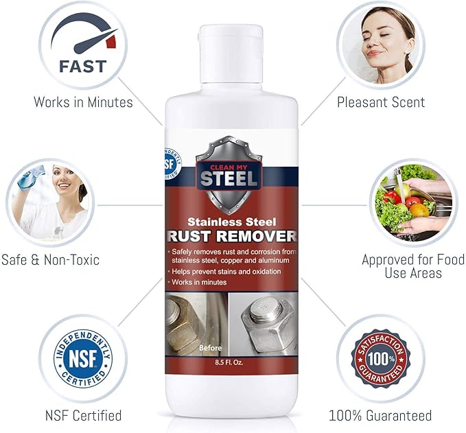 CLEAN MY STEEL – Stainless Steel Rust Stain Remover Kit with Protector – Fast Acting for Commercial Equipment Rust Cleaner for Appliances, Grills & More – Food-Safe Stainless Steel Cleaner (4 oz)