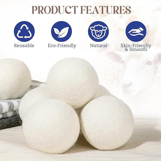 Wool Dryer Balls, New Zealand Dryer Balls Laundry Reusable Reduce Static Cling, Dryer Ball to Reduce Wrinkles & Shorten Drying Time, Drying Balls Fabric Softener Ball for Laundry（Pack of 6)