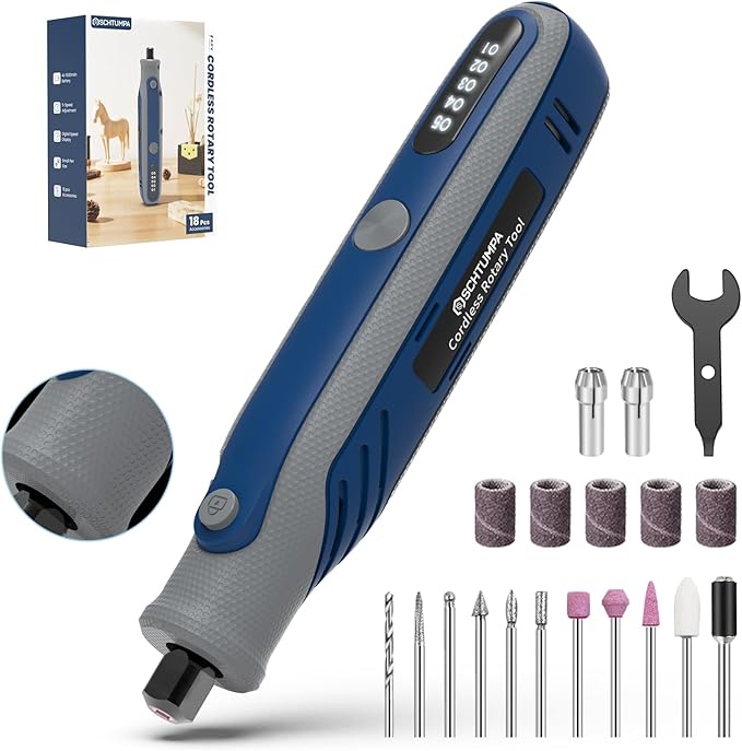Rotary Tool, 4V Cordless Rotary Tool with 5 Speed(5000-18000RPM), Digital Display, Rotary Tool Kit with Rubber Handle for Engraving, Sanding, Polishing, Drilling, Grinding, USB-C Charging