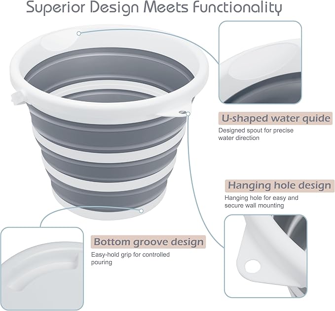 2 Pack Collapsible Bucket, 2.6 Gallon (10L) - Foldable Mop Bucket for House Cleaning, Car Washing, Camping - Portable Water Pail for Outdoor, RV, Travel (Grey, Round)