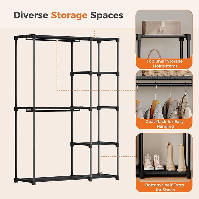 OLIXIS Portable Wardrobe Closet with Hanging Rods, 49 Inch Portable Clothing Rack with Shelves, Heavy Duty Clothes Rack, Freestanding Closet Organizer, 49" L x 15.7" W x 71.65" H