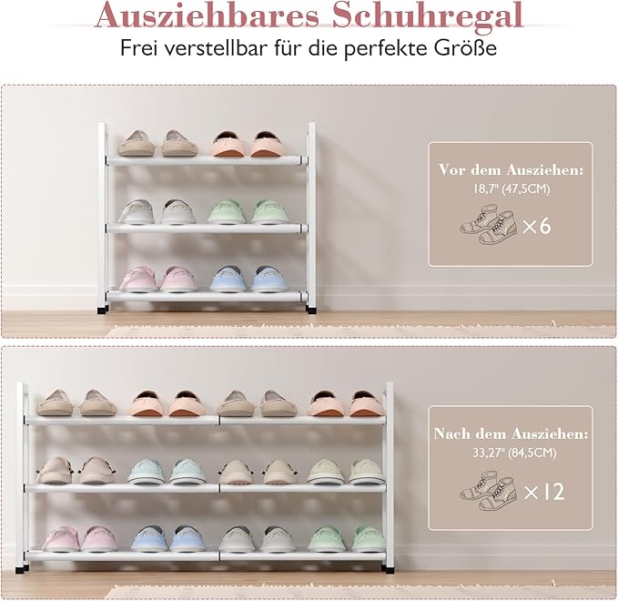 Bumusty 3-Tier Expandable Shoe Rack for Closet, 18“-33” Adjustable Shoe Rack for Small Space, Small Shoe Organizer for Front Door, Sturdy Metal, White