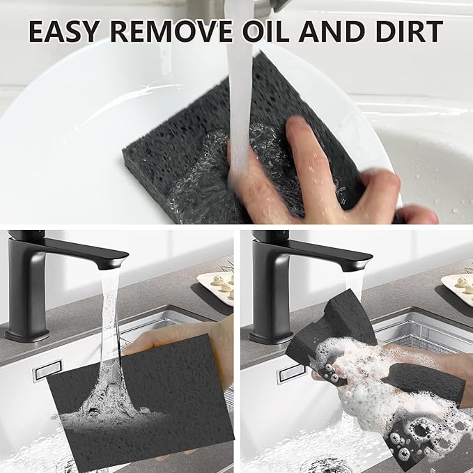 Cellulose Sponges, Large Size 4" x 6" x 1" - Heavy Duty Scrub Kitchen Sponge, Clean Tough Messes Without Scratching Kitchen Cleaning Pads, Pop Up Eco DIY (6 Pack), Black