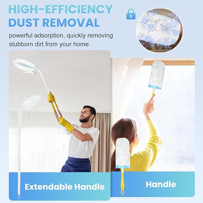 Duster Refills Compatible with Swiffer® Duster, 60 Count Heavy Duty Duster Refills with 1 Short Handle + 1 Extenda Handle, Multisurface 360° Dusters with 4X Microfibers, Unscented Dusters for Cleaning