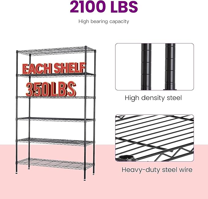 FDW | 6-Tier Wire Storage Shelves with Wheels | 45"x18"x82" | Black | Adjustable Racks | Heavy-Duty Metal Shelf, Holds Upto 2100 lbs | Tool-Free Assembly, Rust-Resistant | for Home & Garage Shelving