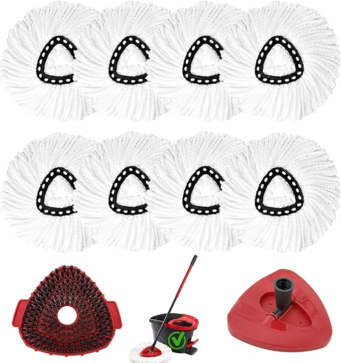 10Pcs Mop Heads Replacement,Spin Mop Replacement Head Compatible with Cedar Easywring 1-Tank System,Including 8 Spin mop Replacement Heads,1 Brush Head and 1 Base Machine Washable & Easy to Replace