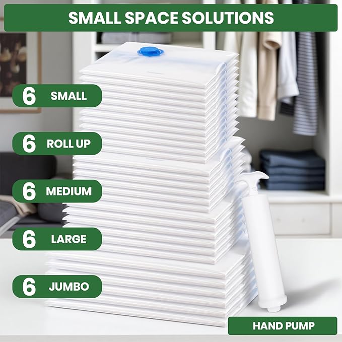 Vacuum Storage Bags,30Pack Vacuum Seal Bags for Clothing,Travel,Clothes,Comforters,Blankets,Pillows-6 Jumbo+6 Large+6 Medium+6 Small+6 Roll Up Space Saving Bag Hand Pump Included