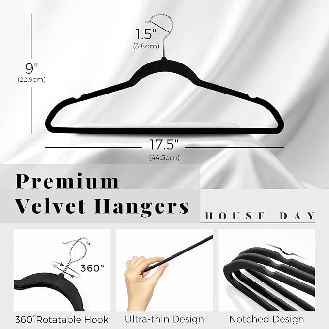 HOUSE DAY Premium Velvet Hangers 30 Pack Black, Non-Slip Flocked Felt Hangers, Sturdy Clothes Hanger with 360° Rotatable Hook, Heavy Duty Durable Slim Coat Hanger for Closet Space Saving