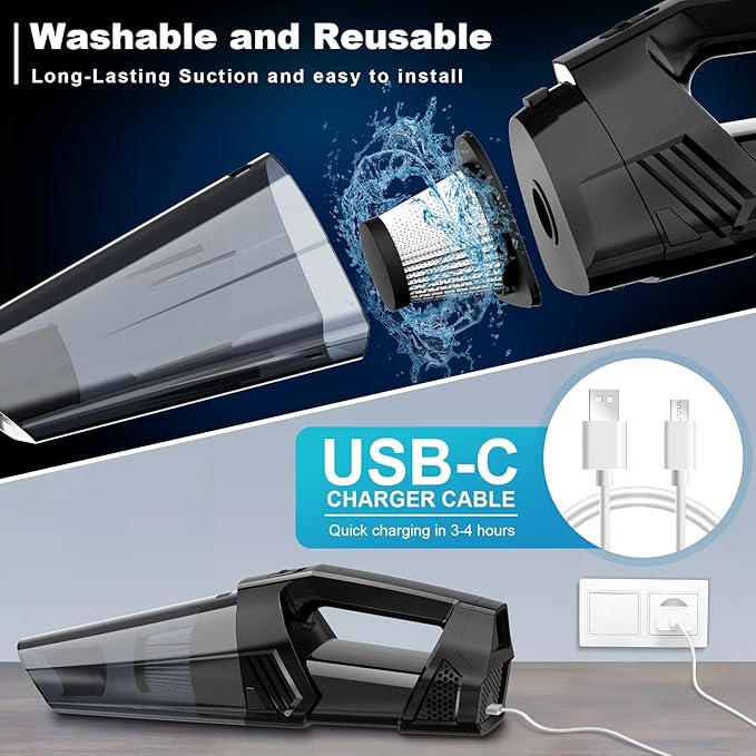Blestan Handheld Vacuum Cordless Portable Car Vacuum with LED Light, High Power Suction, 3 in 1, Lightweight Rechargeable Hand Vacuum, Hand Held Vacuum Cleaner for Car Home Office, Pet Hair, Black