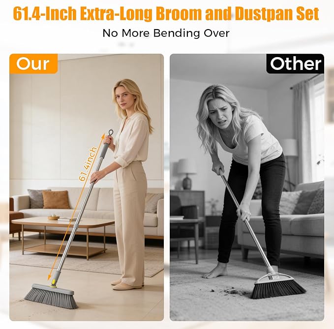 Upgrade Broom and Dustpan Set 180° Rotatable Head with 61" Extra Long Adjustable Handle Self-Cleaning Dustpan Teeth&Zero Gap Indoor Outdoor Sweeping for Home Kitchen Office Pet Hair-Gray&Yellow