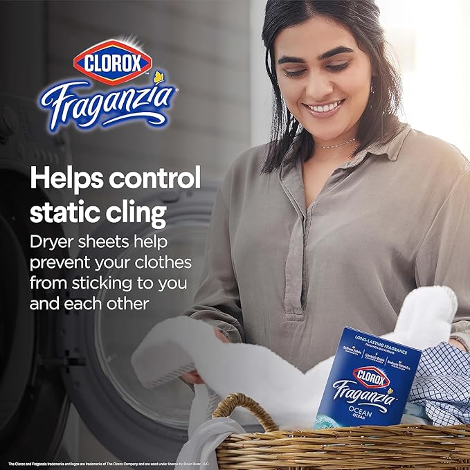 Clorox Fraganzia Fabric Softener Dryer Sheets, Wrinkle Reducing and Anti Static Laundry Dryer Sheets for Great Smelling Clothes, Softens Fabrics, Fresh Ocean Scent, 105 Count - 6 Pack