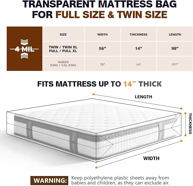 2 Pack Mattress Bags for Moving & Storage - 98" x 56" x 14'' for Twin/Full Size, Waterproof & Tear-Resistant, 4.0 MIL Heavy Duty Mattress Cover Moving Supplies