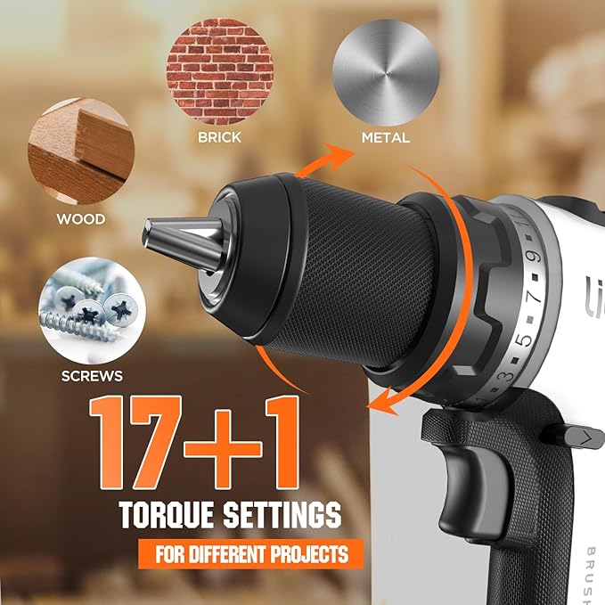 Litheli 20V Cordless Drill Driver, Brushless Power Drill with 2 Variable Speed, 1/2 Inch Keyless Chuck, Electric Drill, 17+1 Clutch Settings with Maximum Torque of 530 In-lbs