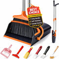 Broom and Dustpan Set with Long Handle, Upright Standing Self-Cleaning Combo, Windproof Dustpan with 6 Bonus Cleaning Tools for Pet Hair, Home, Kitchen, Garage & Apartment