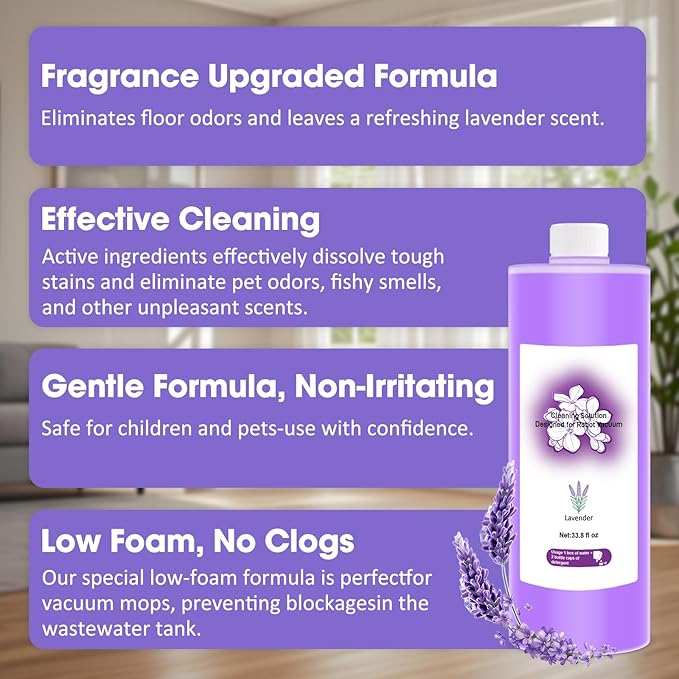Lavender Scent Floor Cleaning Solution, 1L 33.8Fl Oz, Compatible with Ecovacs X1/X2/X5/X9/X11/T20/T30/T50/T80/N20/N30 Series and all other Robot Vacuum Cleaners, Deep Cleans, Residue-Free & Pet Safe