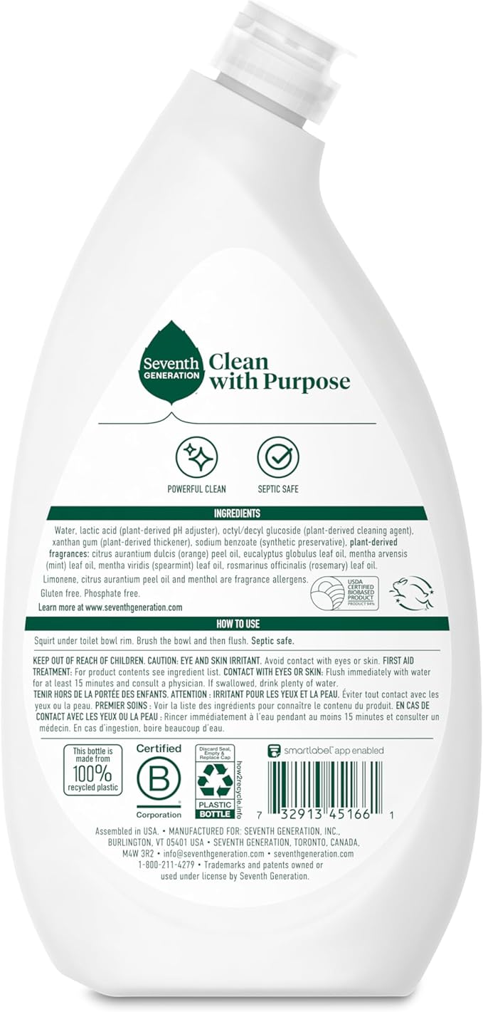 Seventh Generation Toilet Bowl Cleaner Fresh Mint scent Without Chlorine Bleach Ammonia Free 24 oz,(Pack of 8)